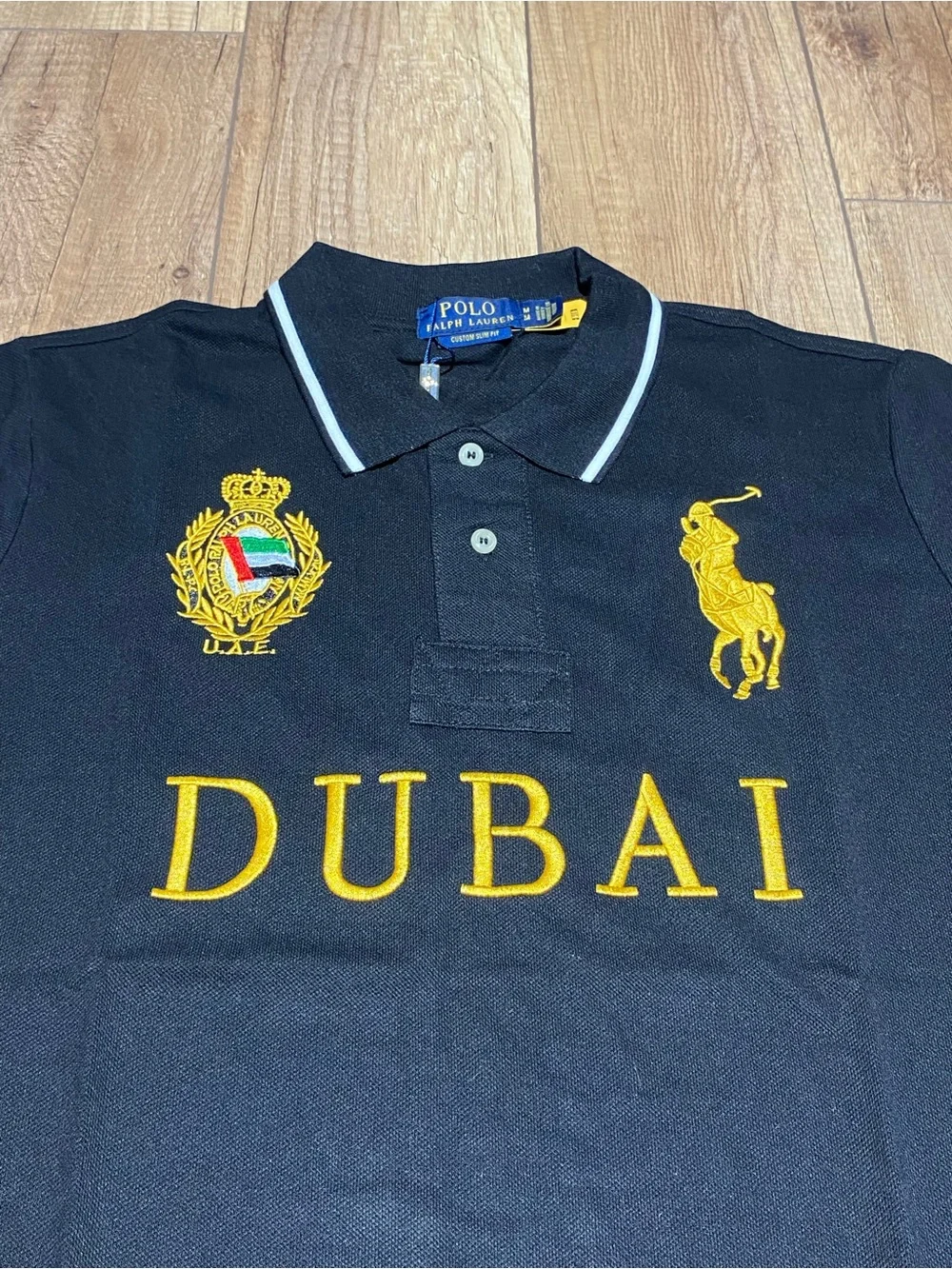 Ralph Lauren Polo Black and Gold Dubai Quarter Button Up Polo Shirt Brand New